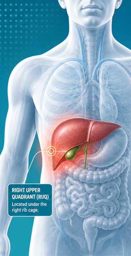Illustration of the right upper quadrant: liver and gallbladder